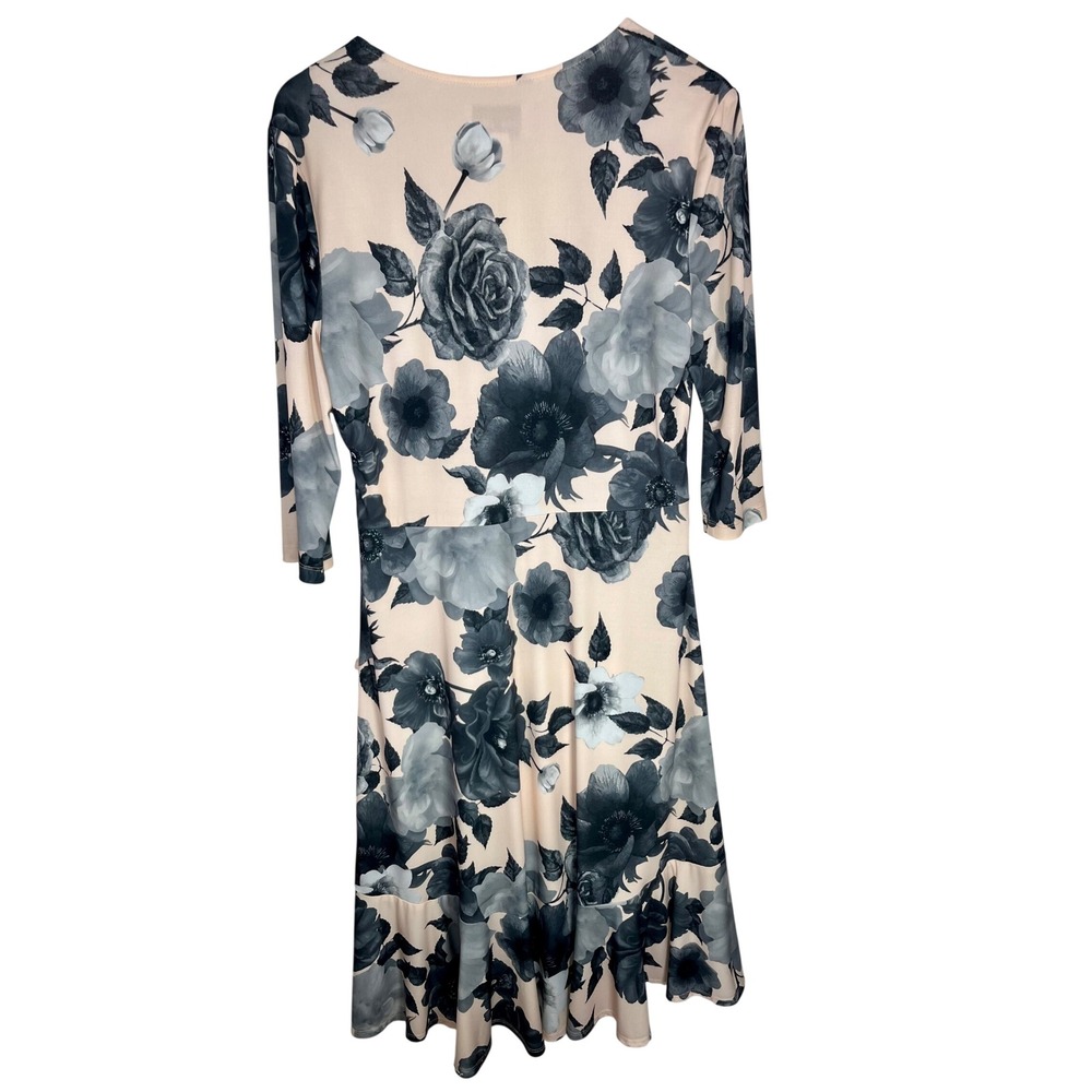 Joseph Ribkoff Dress Women 12 Blush Grey Floral Faux Wrap Midi 3/4 Sleeve - Picture 2 of 9